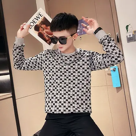 春秋季格子卫衣男装韩版潮流长袖打底衫个性网红潮牌ins痞帅上衣商品大图