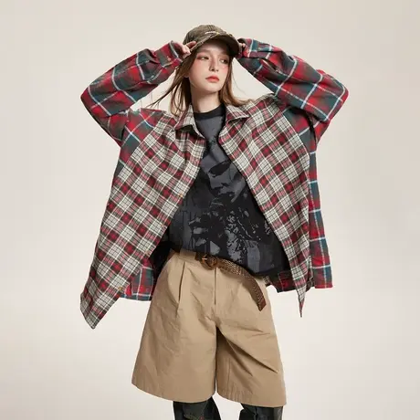 美式复古拼接格子衬衫女2024年新款春装情侣衬衣宽松潮牌内搭上衣商品大图