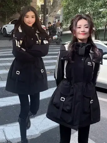 加绒冲锋衣外套女中长款2023冬新款高级感加厚派克服宽松休闲棉衣图片