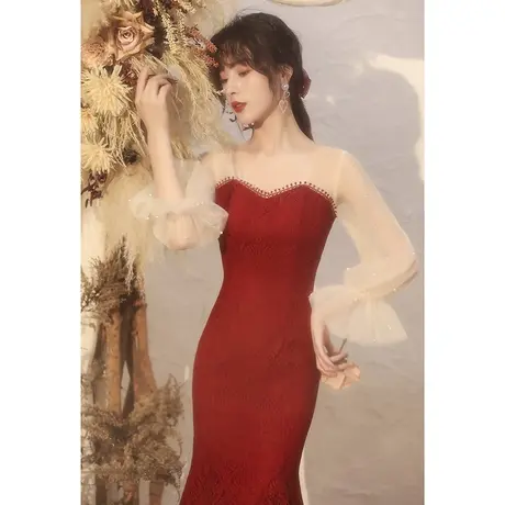 敬酒服新娘酒红色礼服裙女气质结婚回门订婚连衣裙平时可穿鱼尾夏商品大图