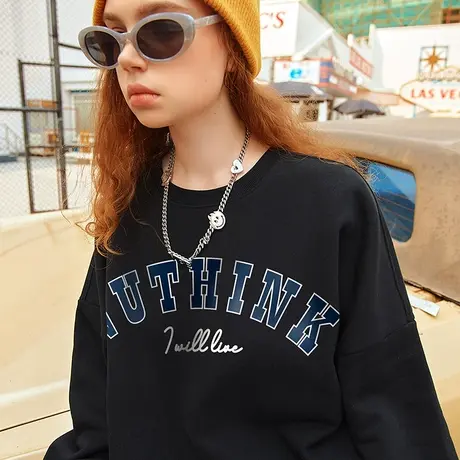 国潮oversize简约字母卫衣男圆领美式街头hiphop加肥加大加绒春季商品大图