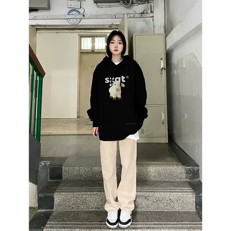 设计感小众高街连帽卫衣女秋冬加绒加厚ins潮牌国潮宽松大码外套商品大图