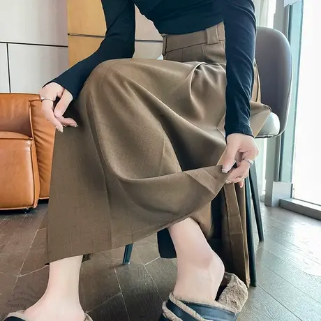 咖色西装半身裙女春秋季2024新款学院风a字大裙摆伞裙百褶半身裙图片