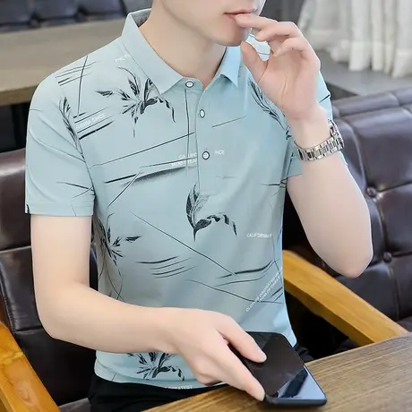 个性印花短袖t恤男翻领2023新款夏季潮流半袖男士Polo衫纯棉体恤商品大图