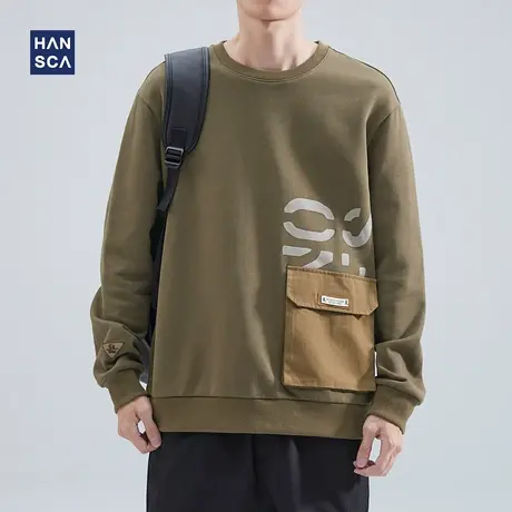 hansca圆领卫衣男宽松日系2022秋冬季潮流工装大口袋休闲大码长袖商品大图