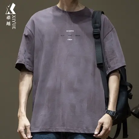 仿洗水雪花乌梅紫t恤男士春夏宽松大码绒面发泡印花重磅260g上衣商品大图