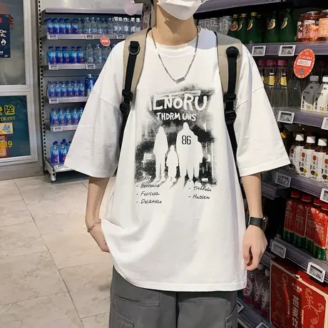 2024男士冰感夏季宽松半袖ins简约人物圆领百搭潮流港风青年上衣商品大图