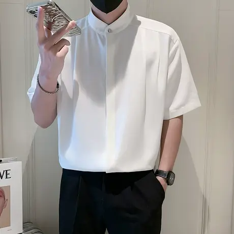 中式立领衬衫男短袖夏季冰丝垂坠感痞帅宽松休闲褶皱七分半袖衬衣商品大图