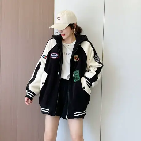 棒球服外套女2022秋冬新款短款加绒加厚韩版宽松拼色毛绒夹克上衣图片