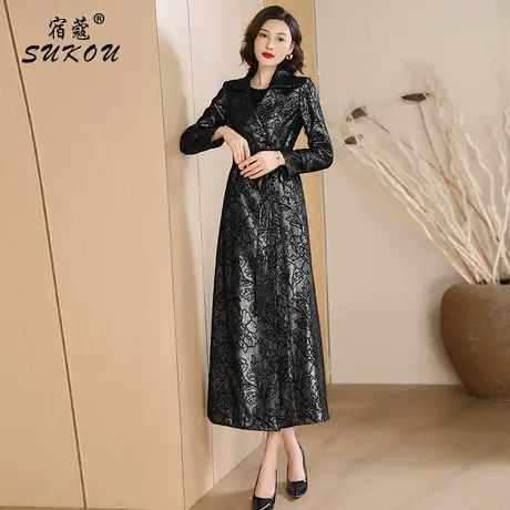 秋装外套女气质2023新款显瘦英伦风双排扣过膝中长款黑色蕾丝外套商品大图