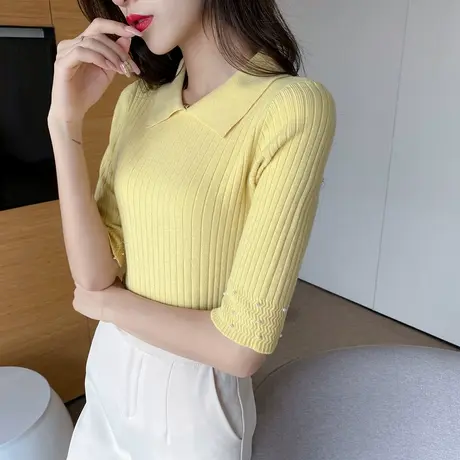 2020秋季新款中袖针织打底衫女上衣套头五分袖毛衣薄款polo领短袖商品大图