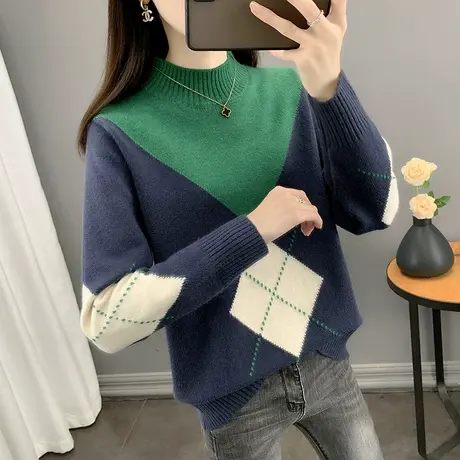 毛衣女2023年秋冬新款短款菱形针织衫宽松内搭加厚半高领打底衫女图片