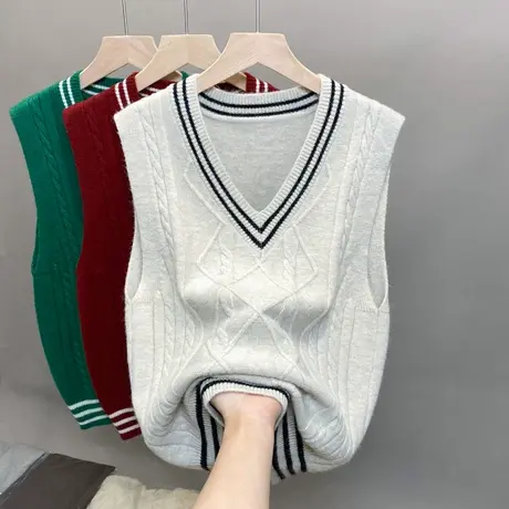 2023新款春秋叠穿学院风针织马甲V领条纹套头背心上衣女无袖毛衣商品大图