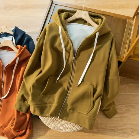 加绒拉链卫衣文艺复古连帽秋冬外套加厚休闲宽松上衣百搭2022新款图片