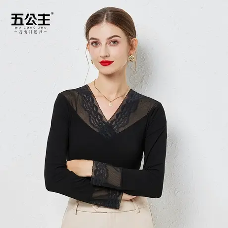 五公主低领蕾丝打底衫女春秋新款妈妈小衫时尚洋气黑色内搭上衣薄图片