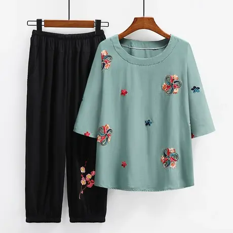 中老年人夏装女短袖两件套80奶奶装老太太衣服60岁70妈妈棉绸套装商品大图