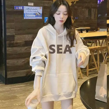 中长款加绒卫衣女2023新款遮屁股大码宽松秋冬冬加厚欧货连帽上衣商品大图