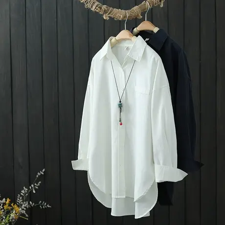 长袖白色衬衫女中长款春装新品宽松休闲百搭外穿开衫翻领衬衣外套图片