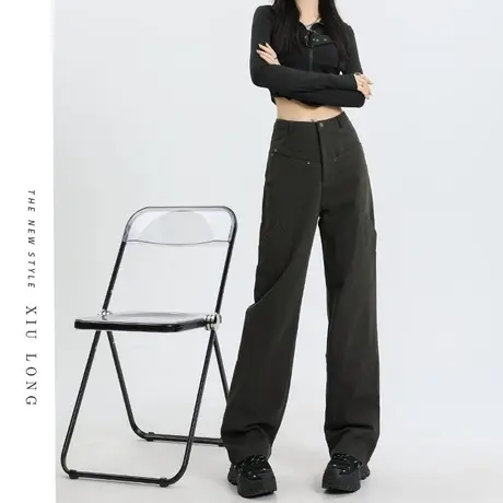 美式工装裤女高腰秋装2023新款直筒牛仔阔腿裤设计感休闲运动裤子图片