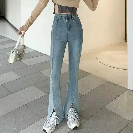开叉牛仔裤女微喇高腰2023春季新款弹力修身显瘦显腿长拖地喇叭裤图片