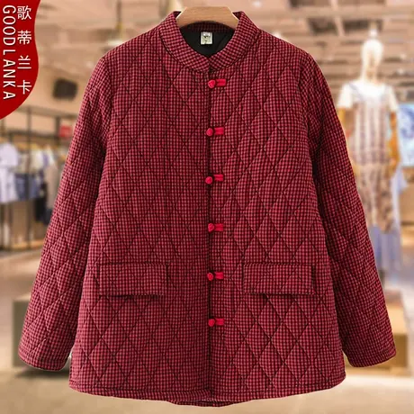 加大码女装胖妈妈秋冬棉服女宽松显瘦格子小棉袄加厚短款棉衣外套商品大图