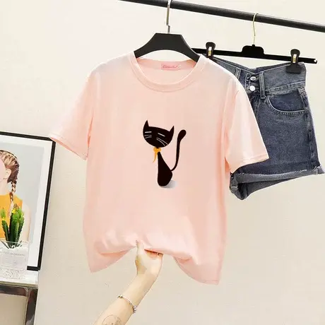 短袖t恤女2023新款女装夏季纯棉韩版宽松大码胖mm印花体恤上衣潮商品大图