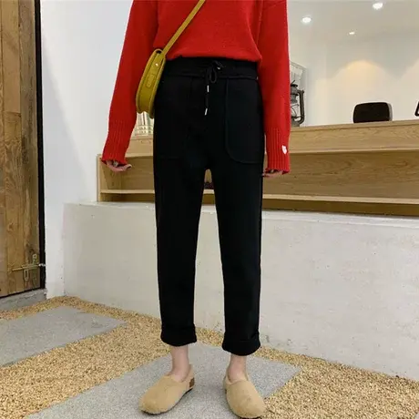 毛呢加厚休闲裤子女秋冬宽松显瘦直筒奶奶裤网红萝卜九分哈伦裤女商品大图