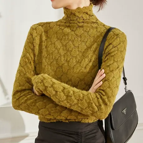 半高领保暖勾花蕾丝衫女2022秋冬新款时尚洋气加厚内搭打底上衣潮图片