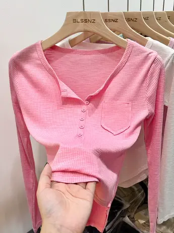 螺纹v领长袖t恤女早秋2023新款时尚辣妹显瘦短款上衣内搭打底衫潮商品大图