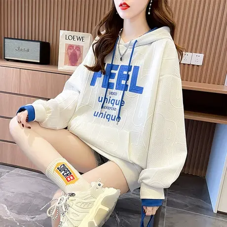 卫衣女春秋季韩版宽松设计感小众薄款学生百搭带帽假两件上衣外套商品大图