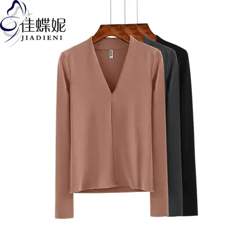 春秋新款韩版性感深V领纯棉修身长袖女装体恤打底衫纯色休闲T恤商品大图