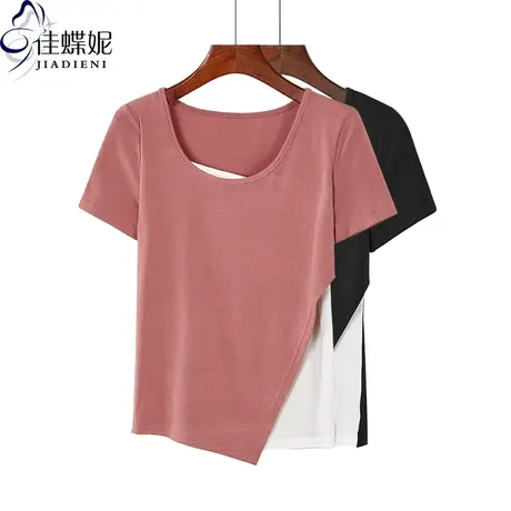 早春拼接圆领短袖假2件网红个性款T恤不规则上衣打底衫女内搭商品大图