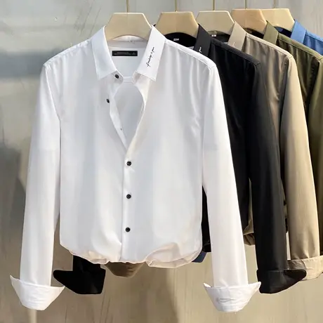 春秋装刺绣商务长袖衬衫男士春季新款青年时尚休闲内搭衬衣外穿潮商品大图