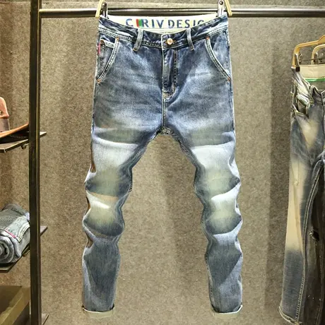 夏季新款斜口袋牛仔裤男款潮牌修身小脚裤高街百搭休闲潮流长裤子图片