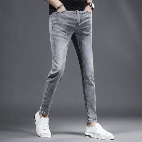 2023新款夏季九分牛仔裤男修身小脚烟灰色冰丝薄款弹力百搭9分裤商品大图