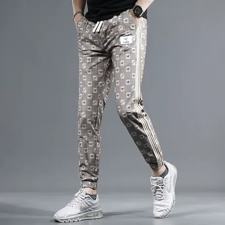 卡其色冰丝休闲裤男2023夏季新款修身束脚潮流男士弹力百搭裤子男商品大图