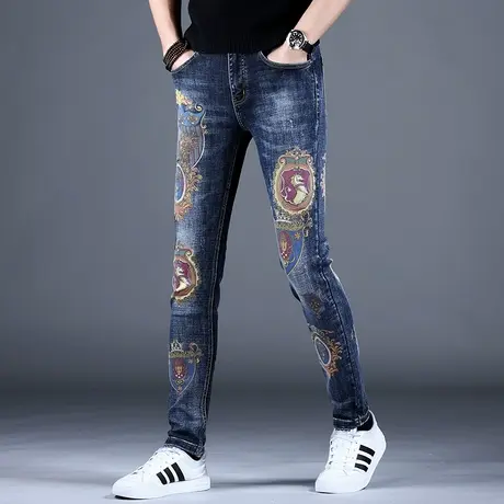 男士高端印花牛仔裤男春秋男款2023新款弹力修身小脚大牌奢侈裤子图片