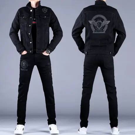 2023新款男士黑色刺绣牛仔套装男秋款男款牛仔外套男上衣夹克裤子图片