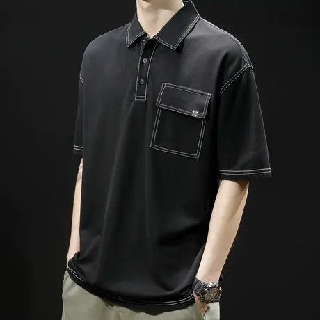 polo衫男士短袖t恤夏季薄款黑色高级感宽松胖子大码翻领半袖潮牌商品大图