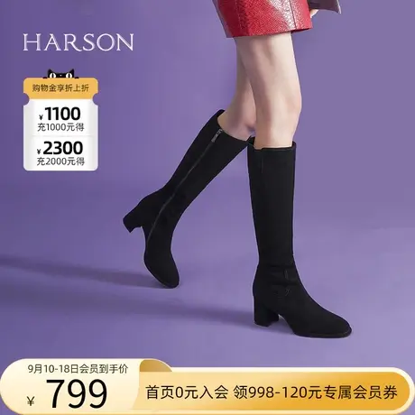 哈森 冬新款简约风粗跟圆头高跟商务通勤骑士女靴HA226609商品大图