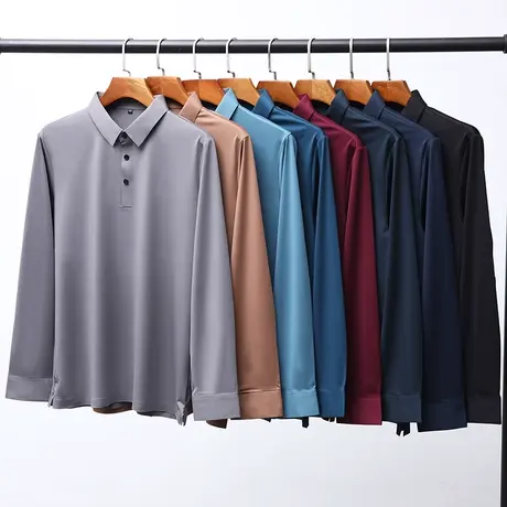2023新款夏季冰丝高端polo衫男士长袖商务无痕翻领纯色T恤上衣服商品大图