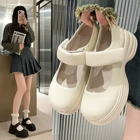 玛丽珍鞋女2023年秋夏季新款时尚复古浅口魔术贴厚底大头小皮鞋女图片