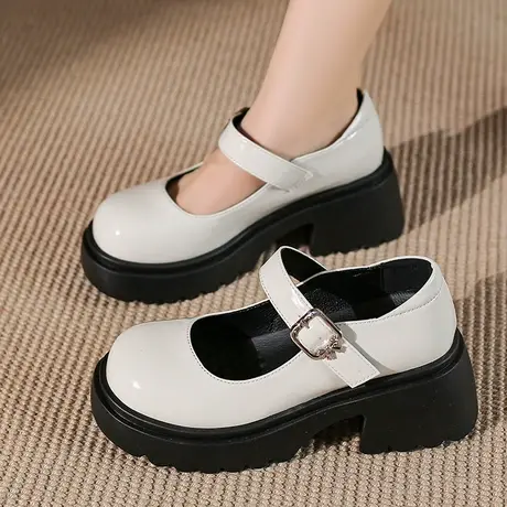 单鞋女夏2023年新款小个子粗跟高跟配裙子玛丽珍鞋小众珍珠小皮鞋商品大图