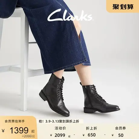 Clarks其乐保暖皮靴女鞋冬英伦风骑士靴复古侧拉链加绒高帮皮靴图片