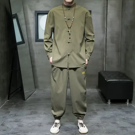 秋季冰丝男长袖套装唐装盘扣衬衫绿色小脚哈伦裤中国风汉服两件套图片