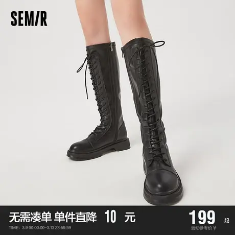 Semir女鞋骑士靴2024新款春秋季穿脱方便显高帮系带机车靴长筒靴商品大图