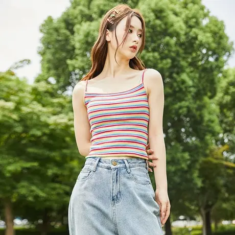 唐狮夏季女背心吊带美背外穿彩色多巴胺针织无袖修身圆领上衣内搭图片
