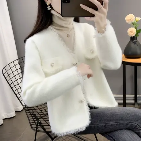 小香风气质防水貂绒毛衣女2023秋冬新款短款高级感V领小个子气质商品大图