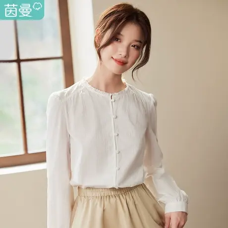 茵曼田园文艺白色衬衫女士2023年秋季新款圆领长袖衬衣上衣小个子商品大图