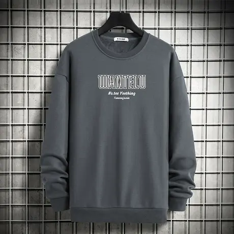 2023新款灰色卫衣男潮流宽松春秋款加绒字母印花圆领无帽长袖t恤商品大图